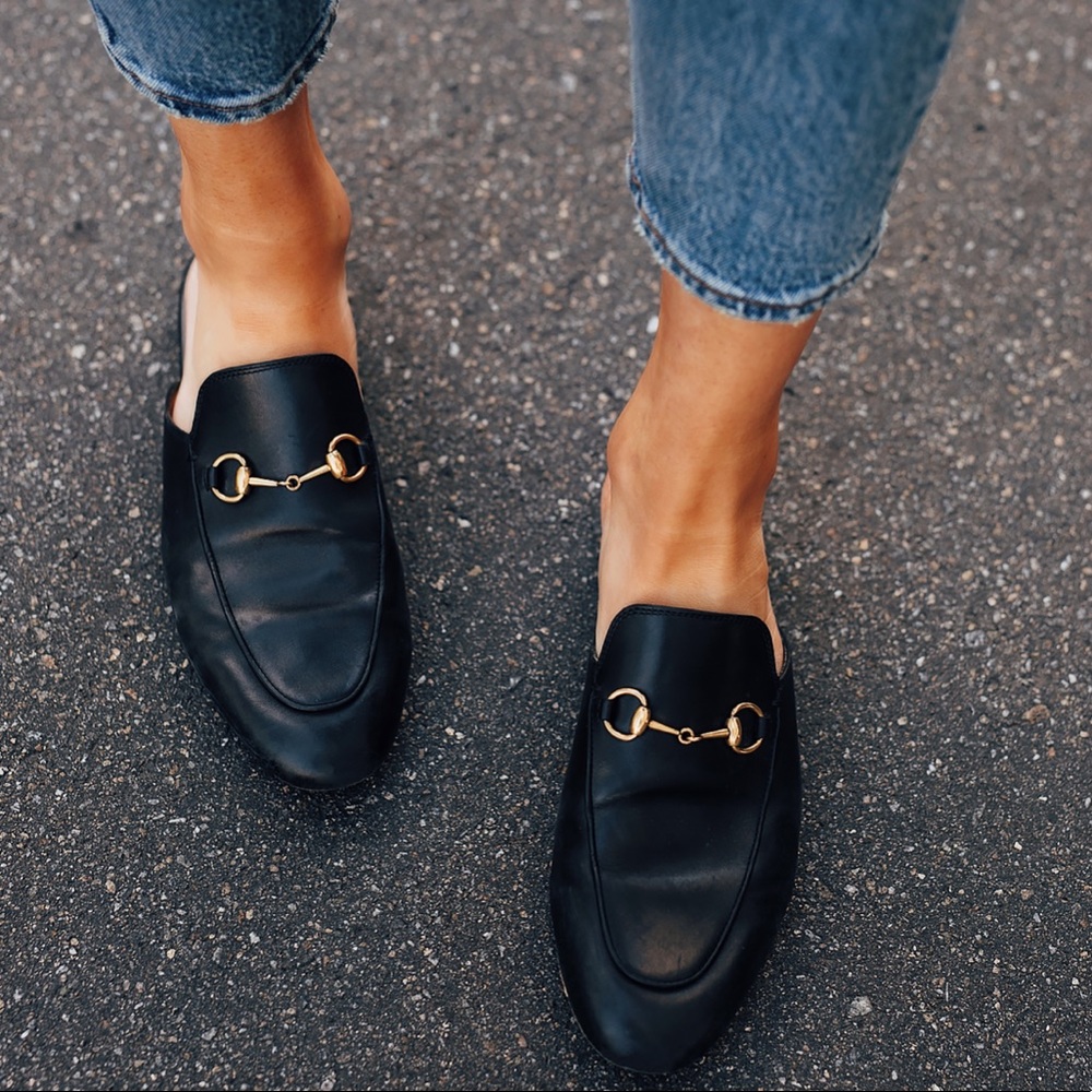 Gucci Black Mules with Gold Detail